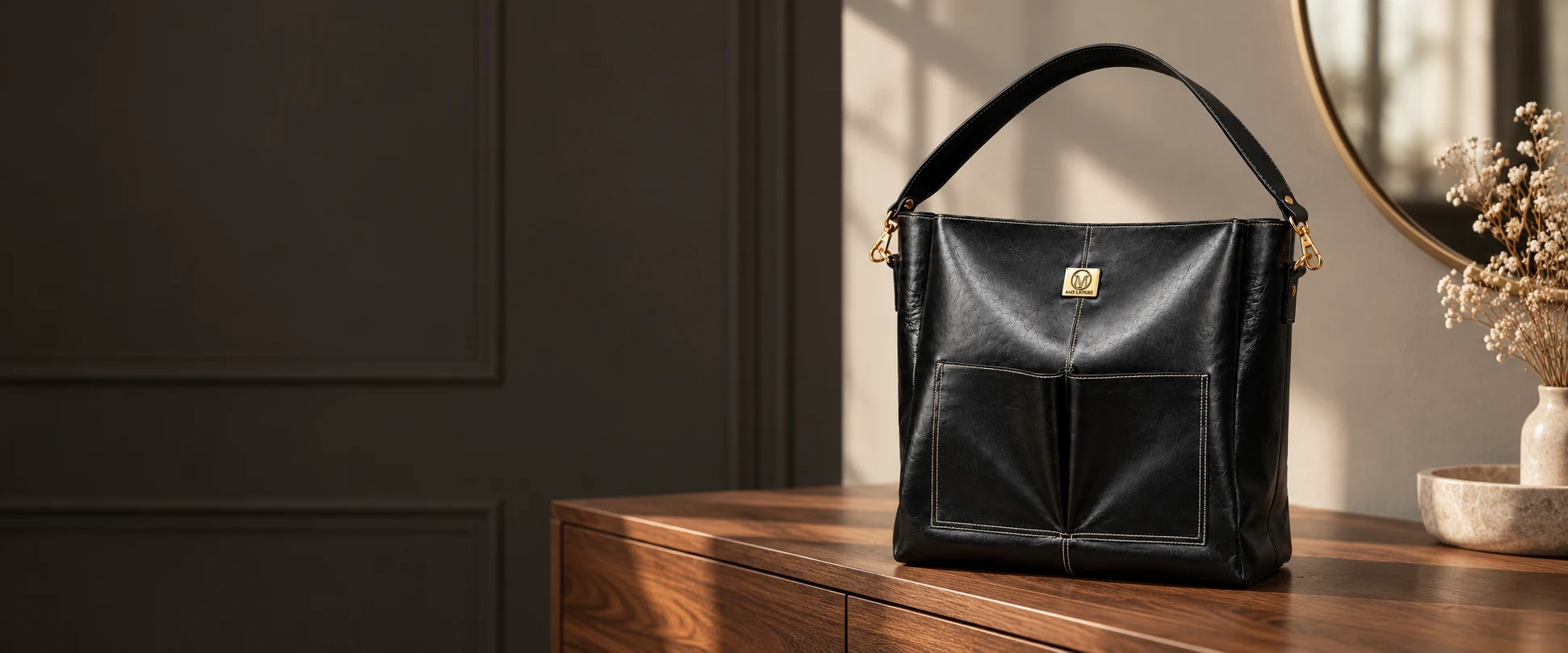 Double-Pocket Leather Tote Bag displayed on a walnut console in a contemporary dressing room