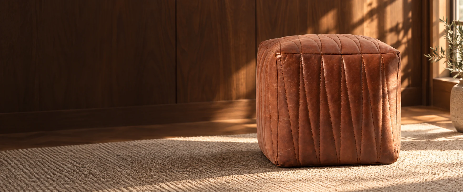 Square Leather Pouf Cover styled in a walnut-panelled room with a clean neutral rug