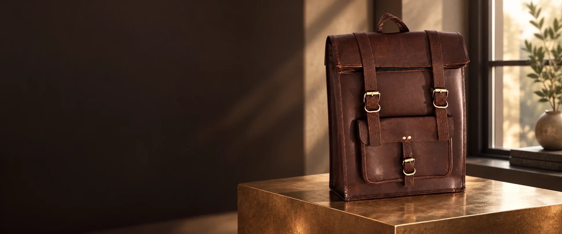 Leather Flap Backpack displayed on a bronze-toned plinth beside an office window