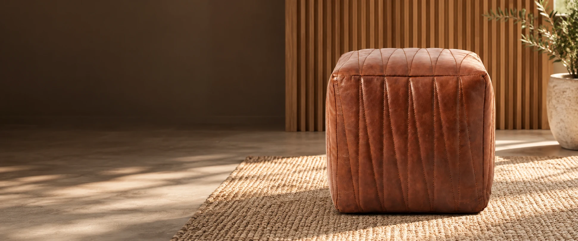 Square Leather Pouf Cover styled in a calm interior display with fluted timber panelling
