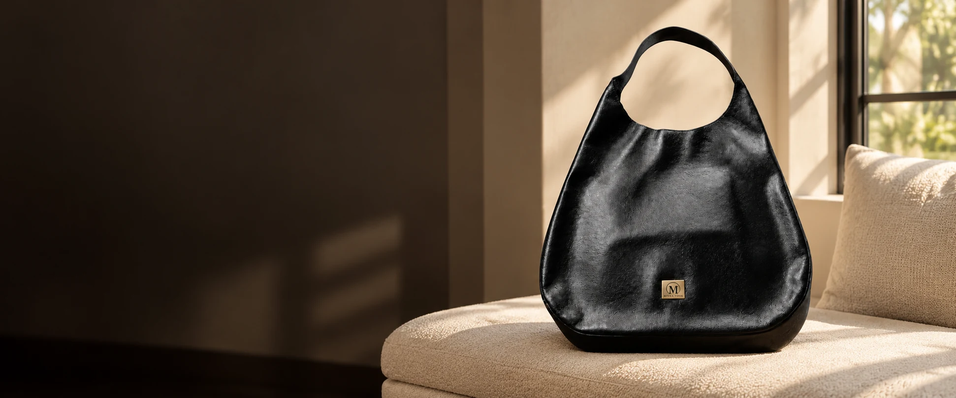 Oversized Leather Hobo Bag displayed on a cream upholstered bench beside a window