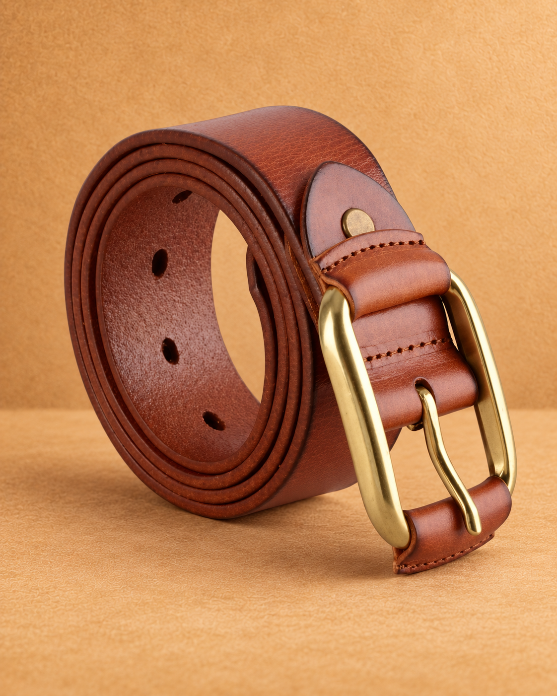 Brass-Tone Buckle Leather Belt - front view