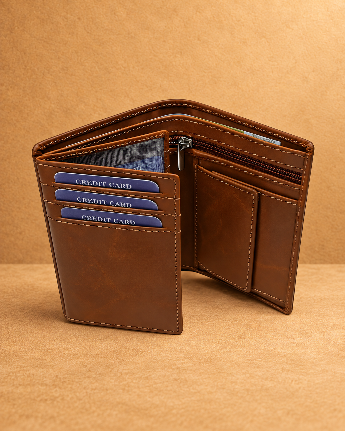 Zip-Compartment Leather Bifold Wallet - front view