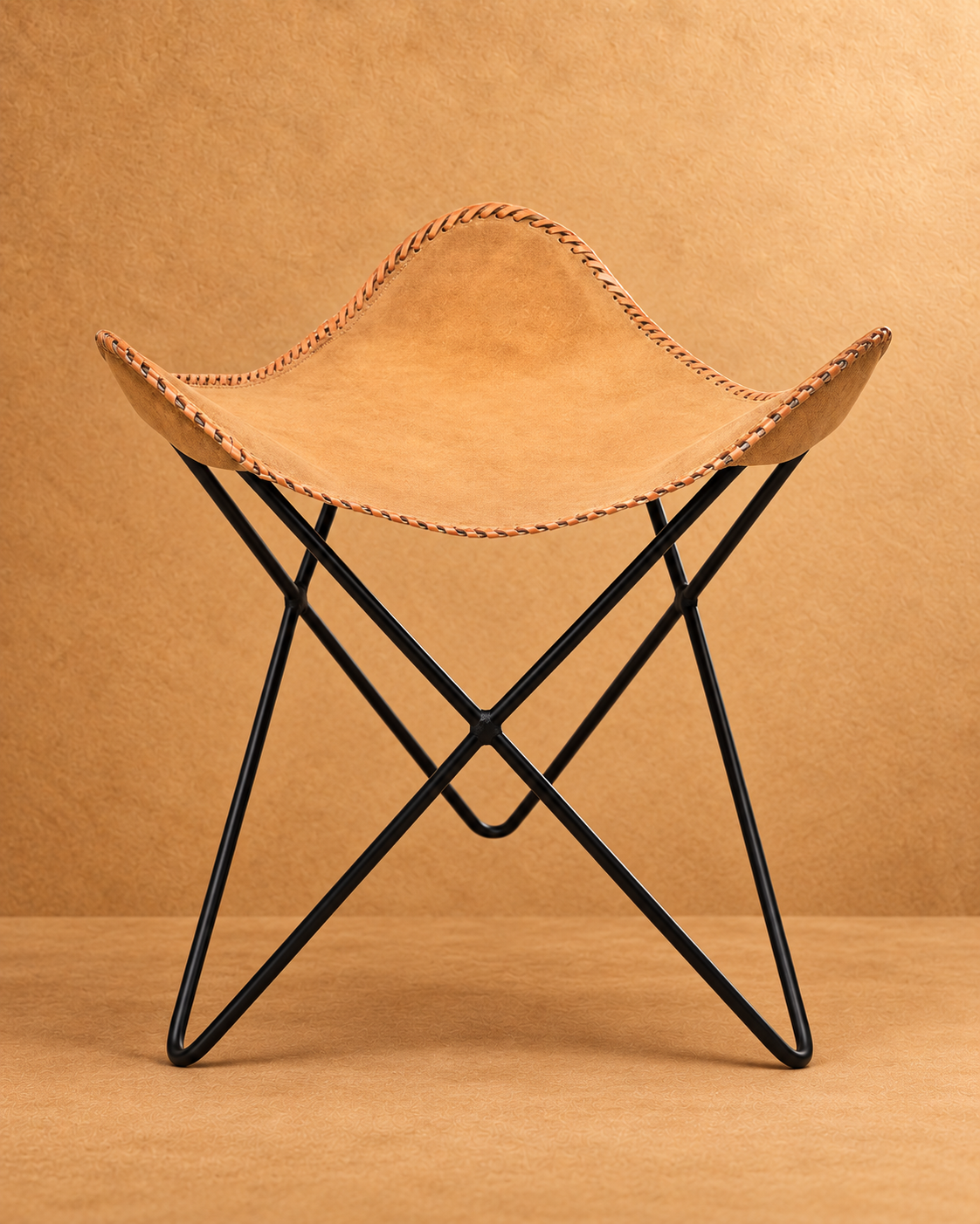 Tan Leather Butterfly Folding Stool - front view