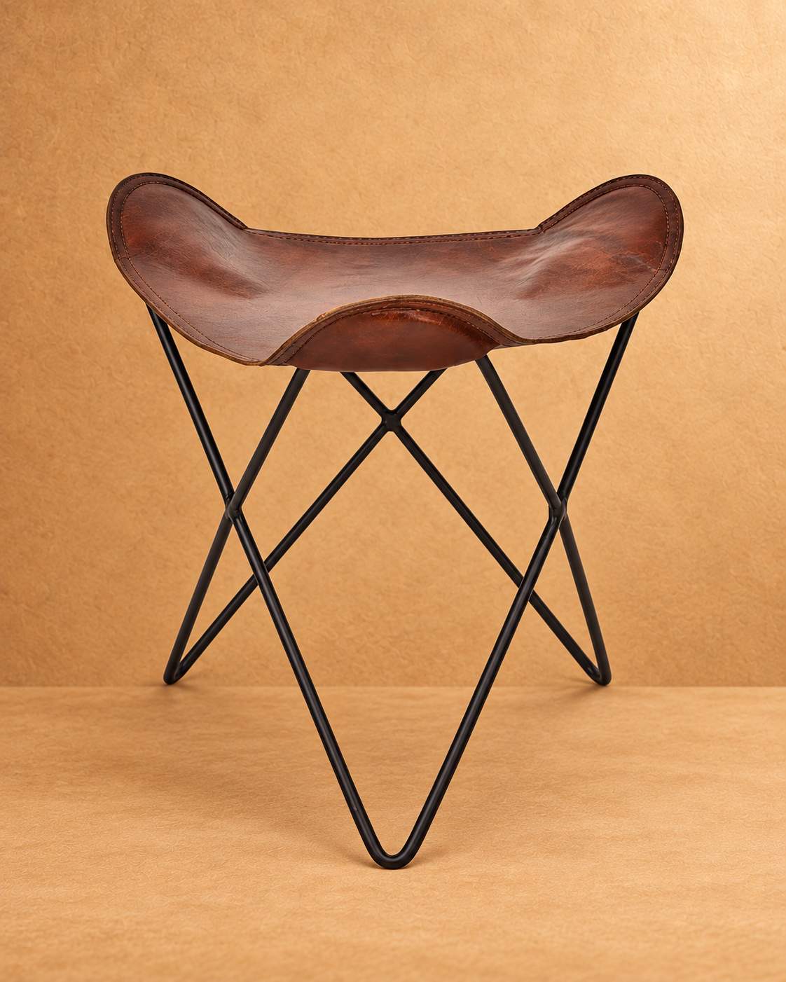 Brown Leather Saddle Folding Stool - front view