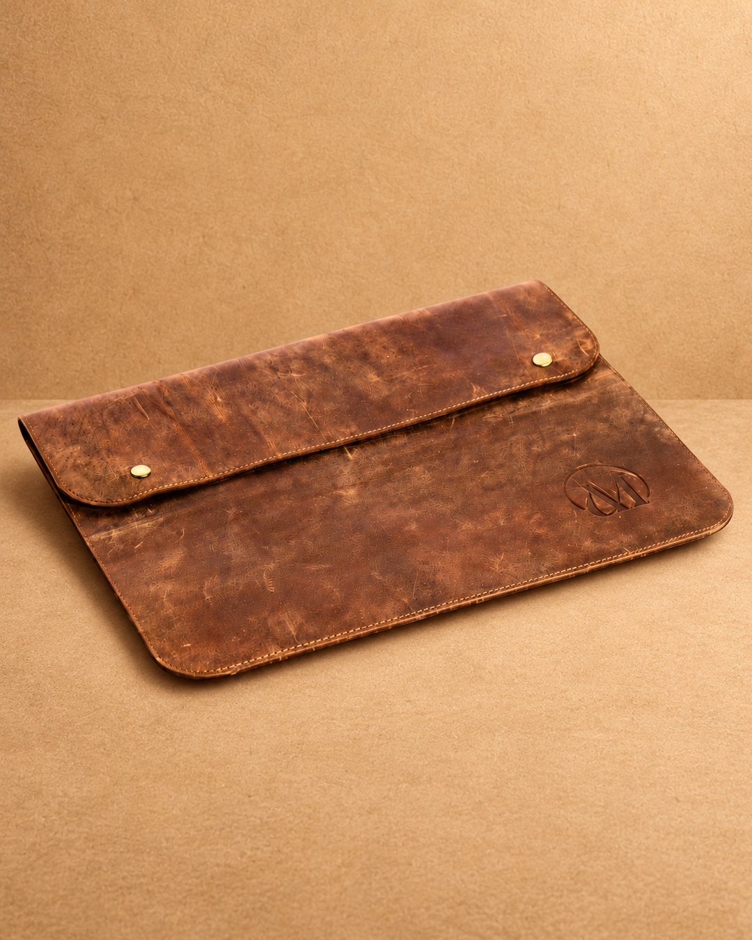 Snap-Closure Leather Laptop Sleeve - front view