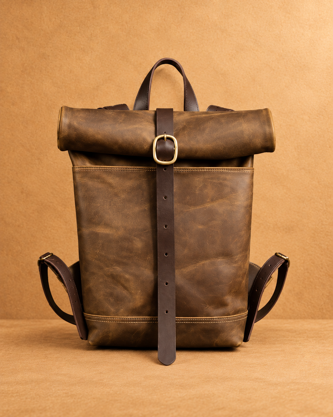Roll-Top Leather Backpack - front view