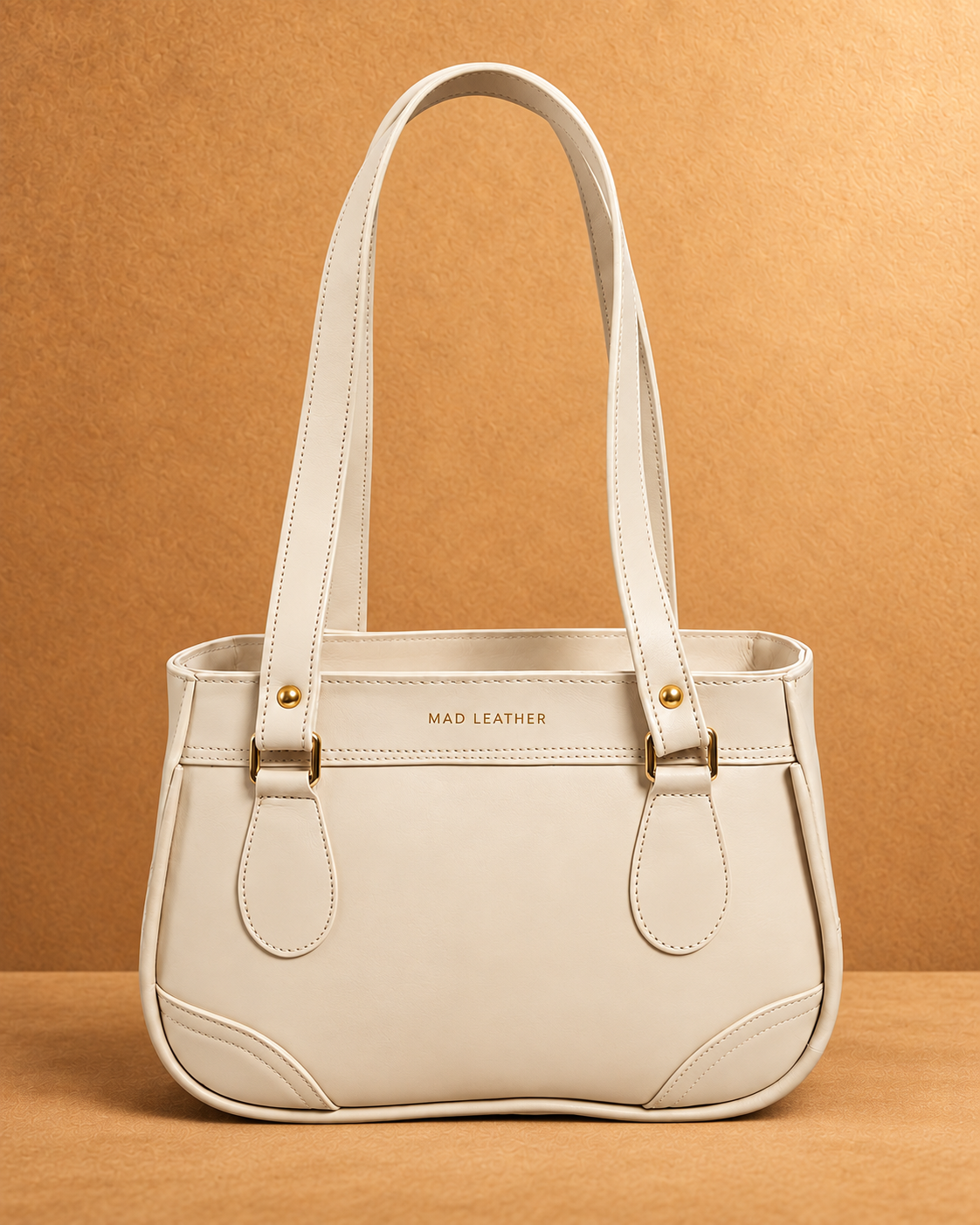 Cream Double-Handle Leather Shoulder Bag - front view