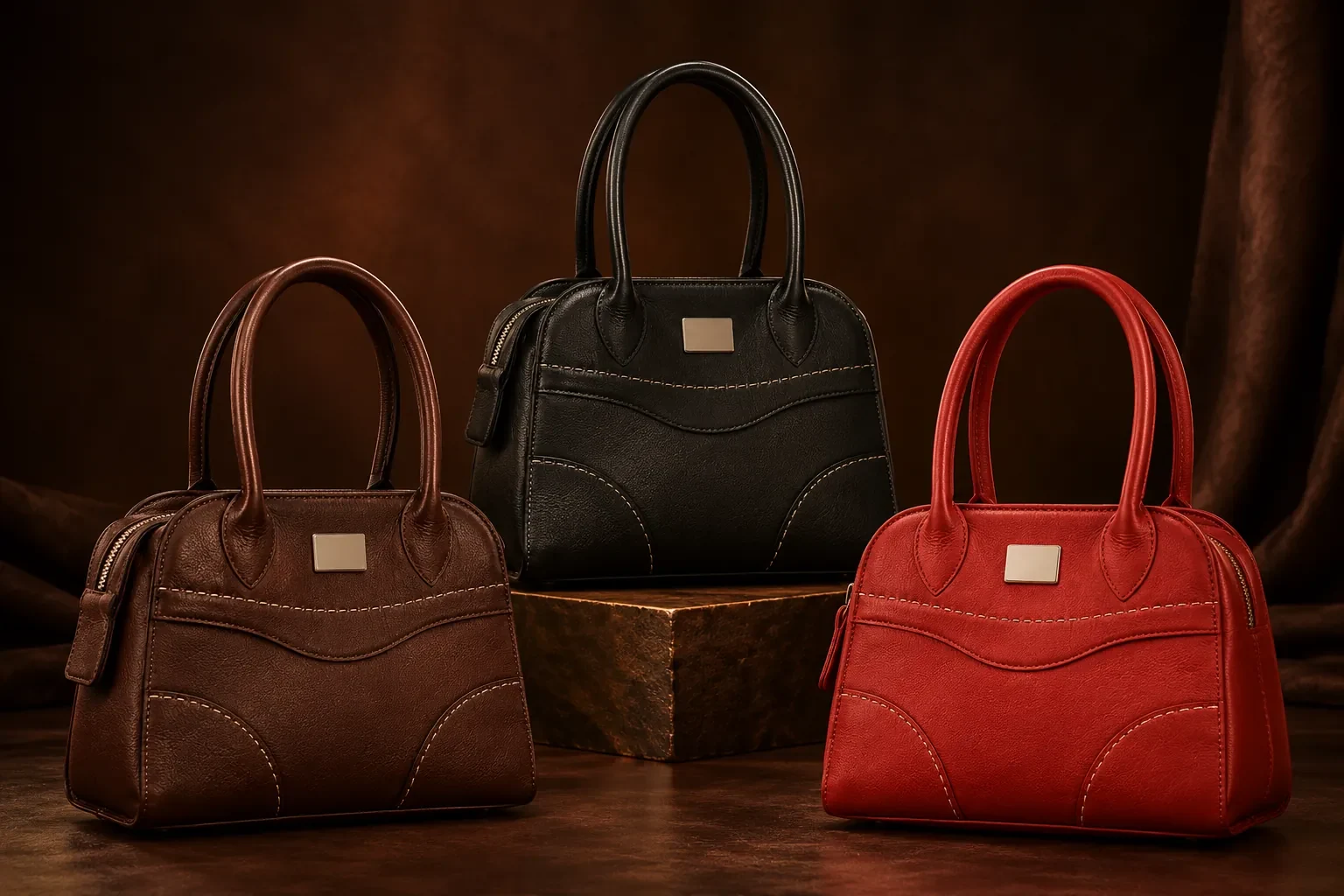 Leather handbags in brown, black and red