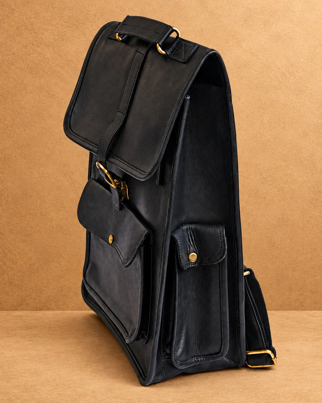 Buckle-Flap Leather Backpack - front view