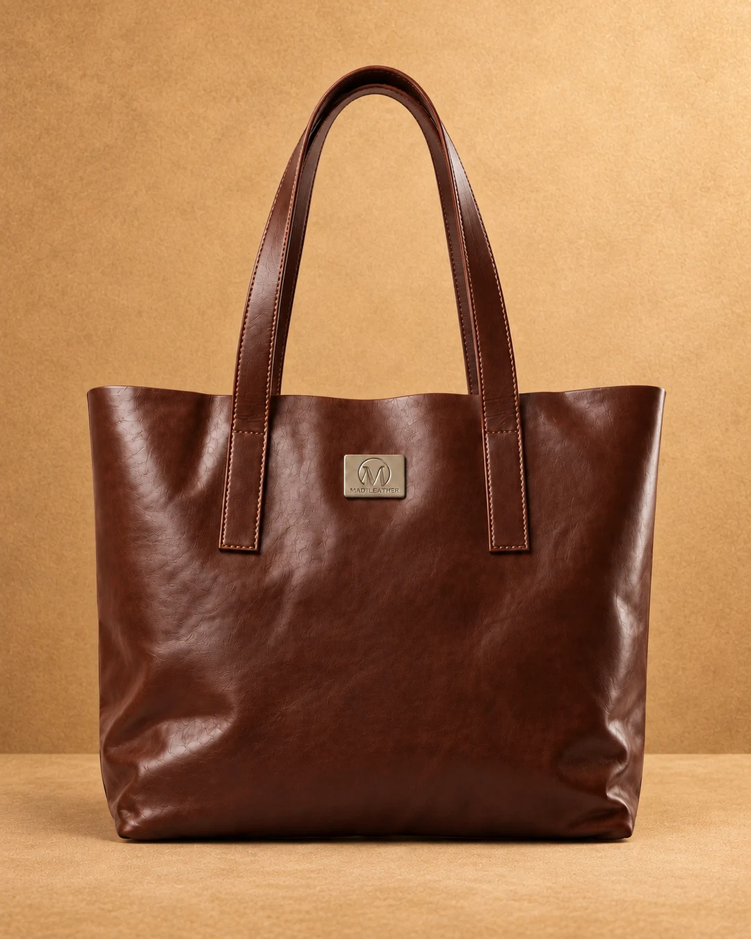 Wide-Base Leather Tote Bag - front view