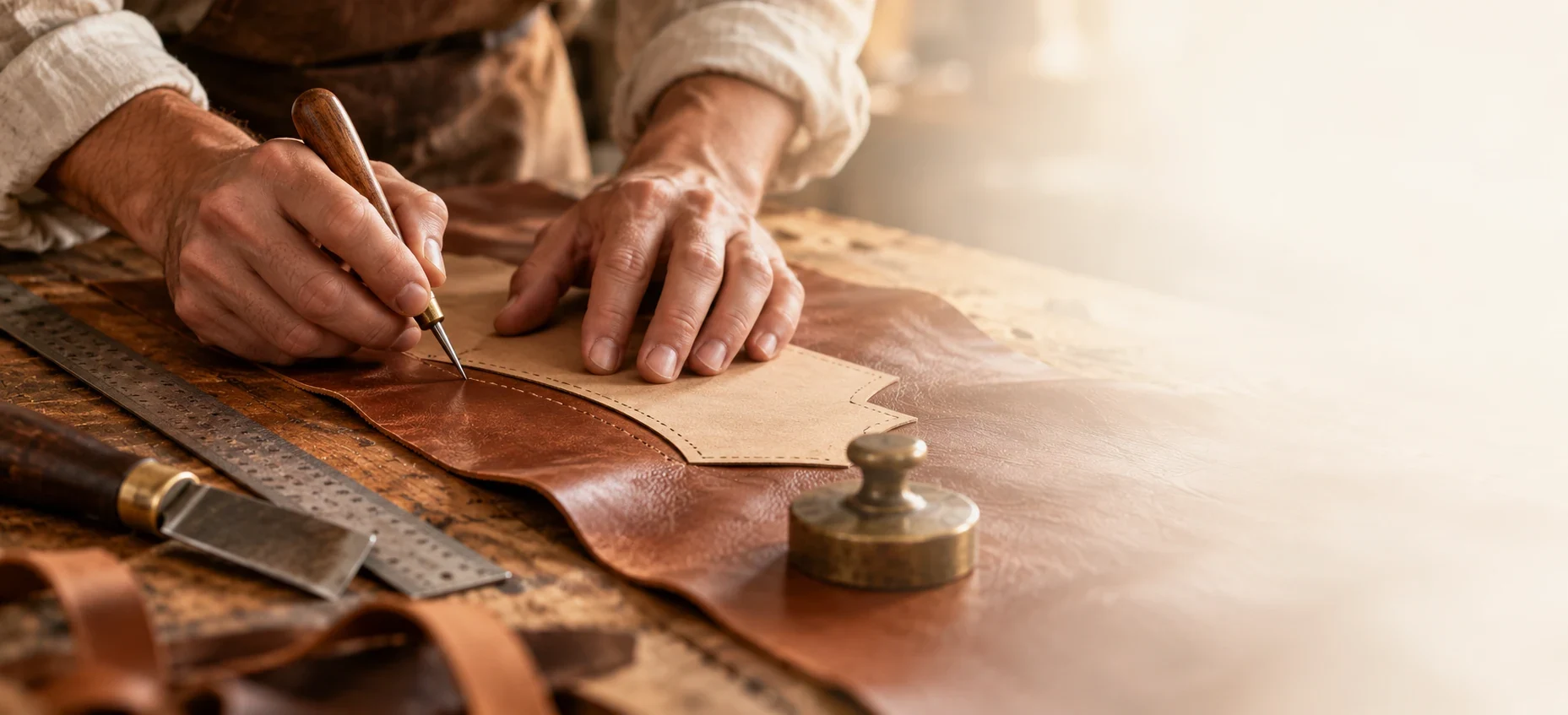 An artisan carefully marking leather by hand