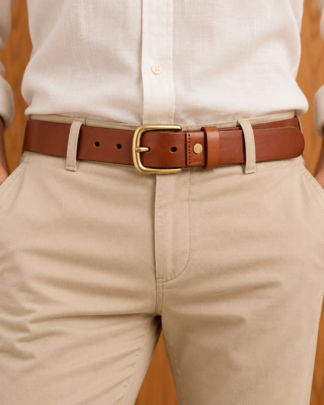 Brass-Tone Buckle Leather Belt - gallery image 1
