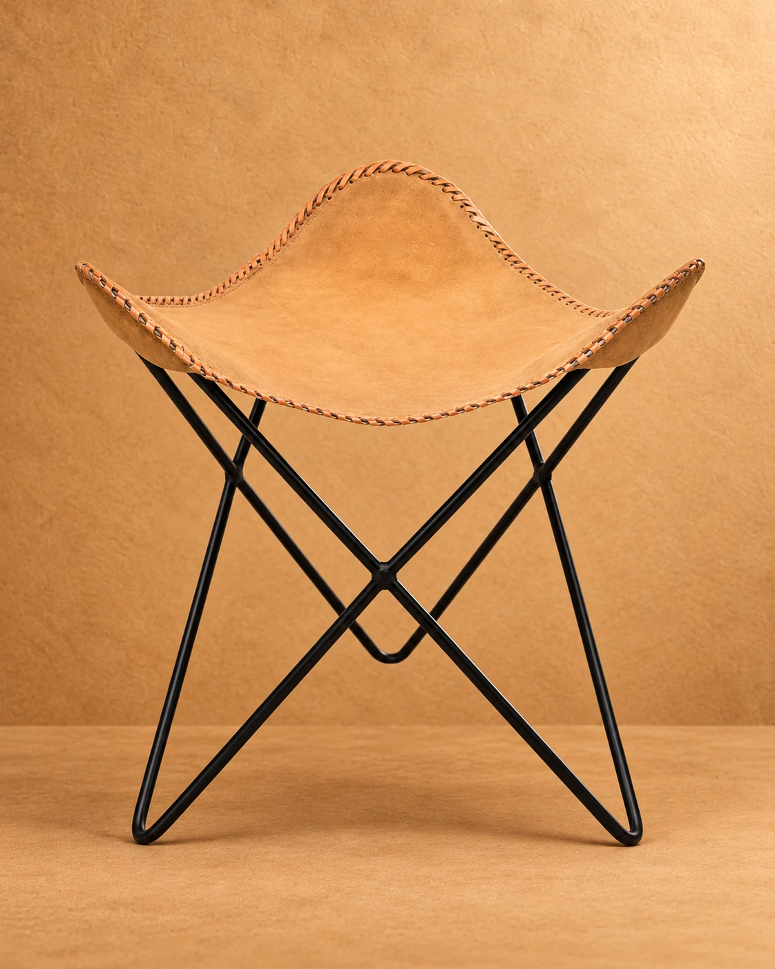 Tan Leather Butterfly Folding Stool - front view