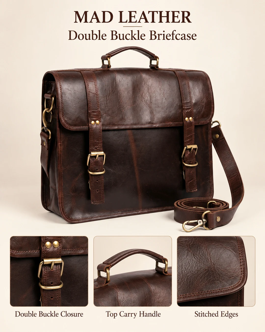 Double-Buckle Leather Briefcase - gallery image 4