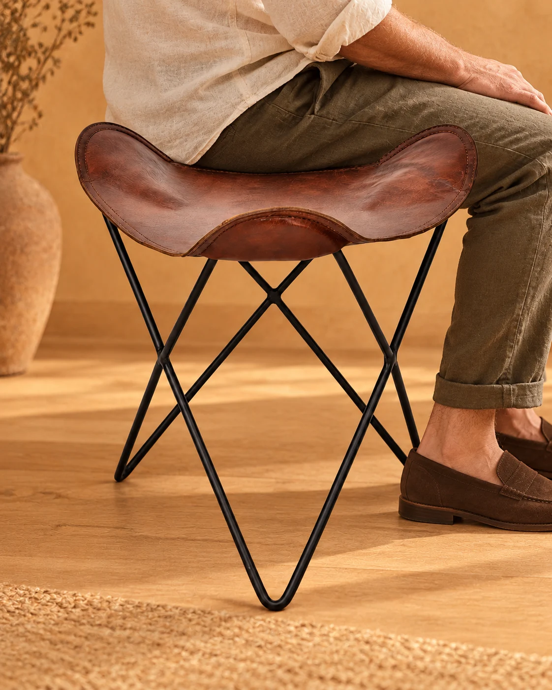 Brown Leather Saddle Folding Stool - gallery image 1