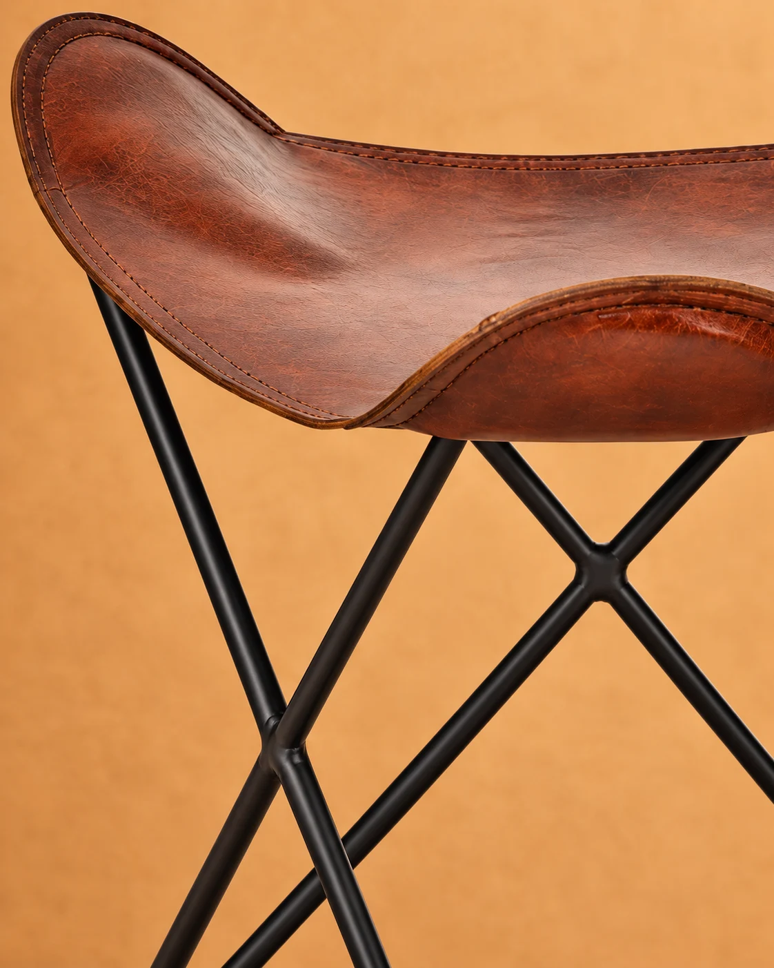 Brown Leather Saddle Folding Stool - gallery image 3