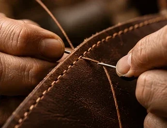 Hands stitching a leather seam