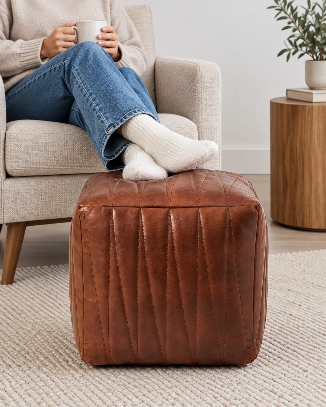 Square Leather Pouf Cover - gallery image 2