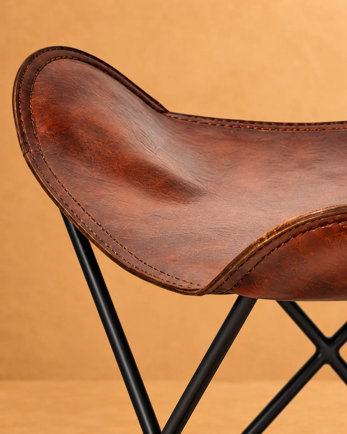 Brown Leather Saddle Folding Stool - gallery image 2