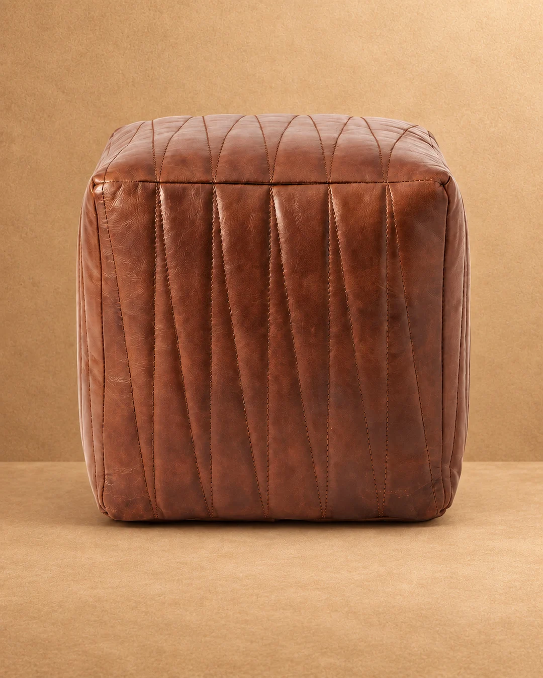 Square Leather Pouf Cover - front view