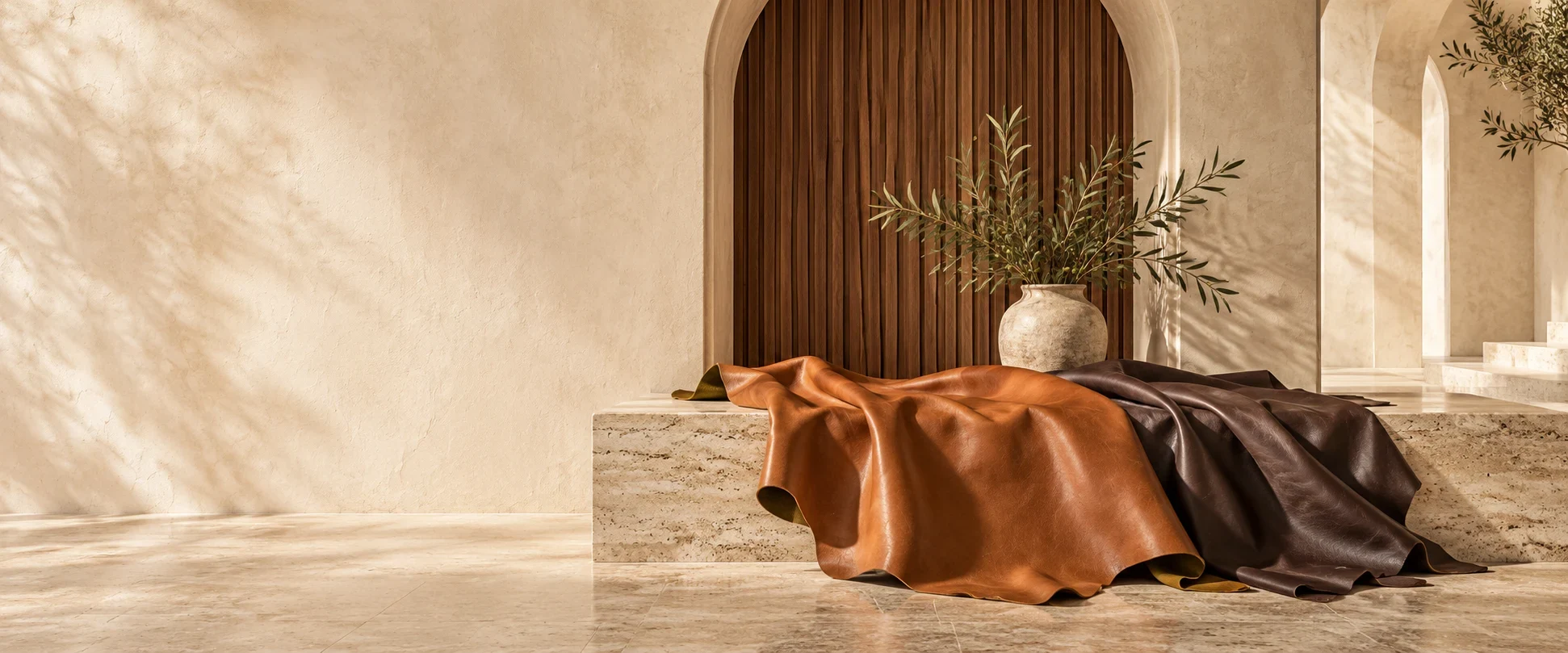 Leather hides arranged in a light architectural setting
