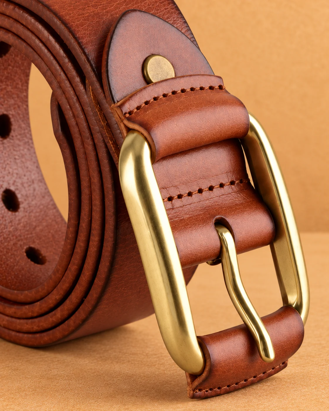 Brass-Tone Buckle Leather Belt - gallery image 2