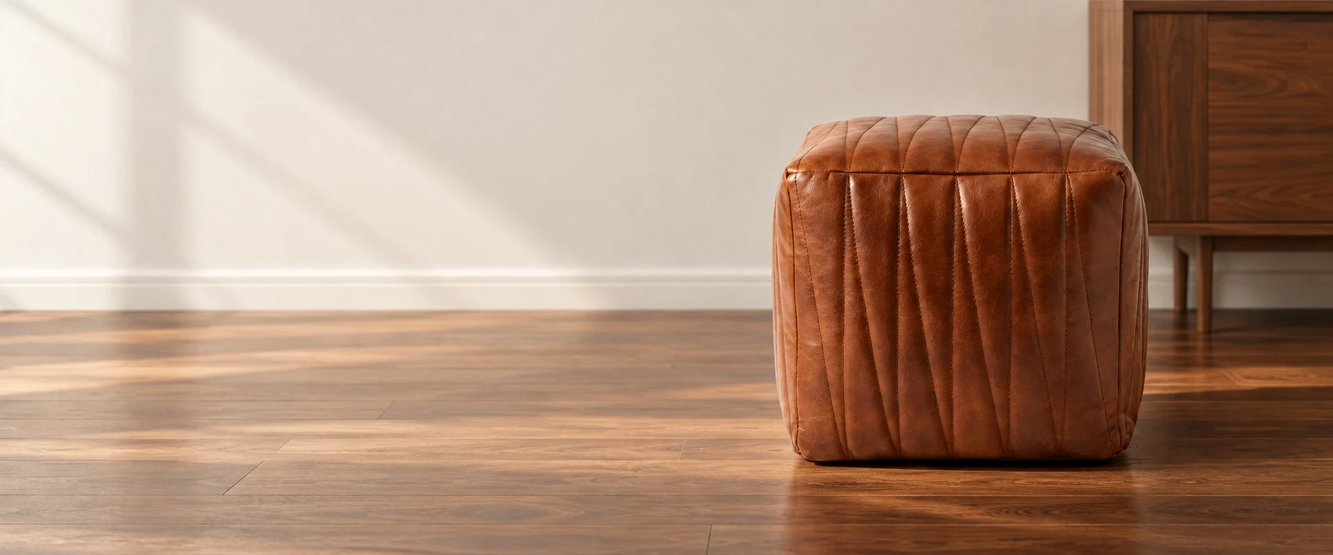 MAD Leather cognac stitched square pouf