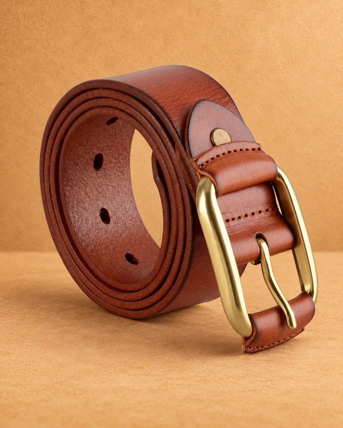 Brass-Tone Buckle Leather Belt - front view