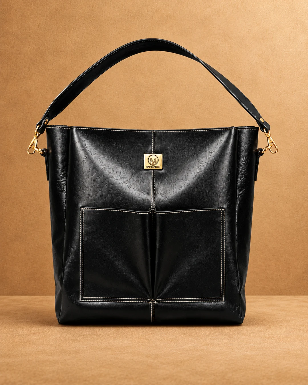 Double-Pocket Leather Tote Bag - front view