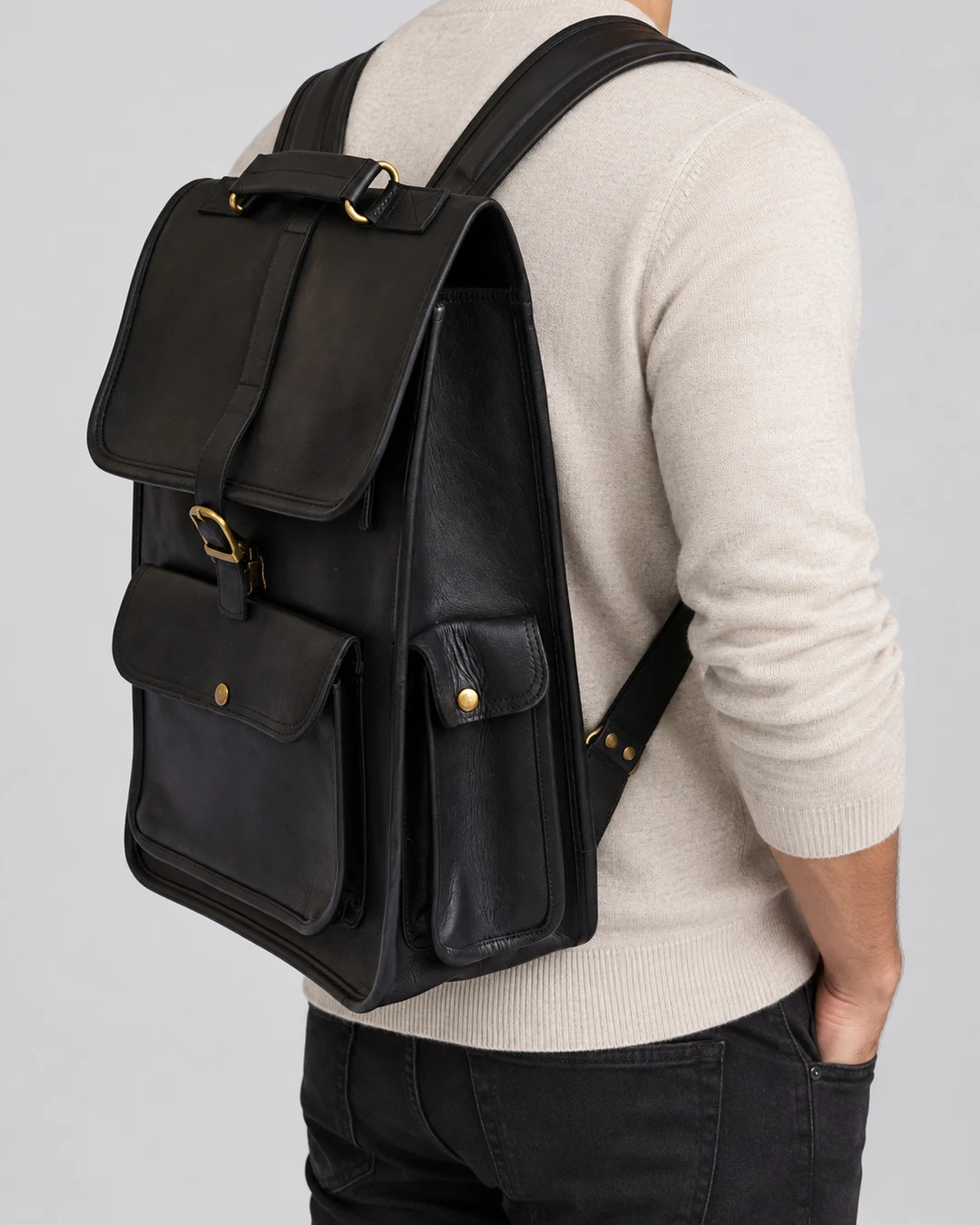 Buckle-Flap Leather Backpack - gallery image 2