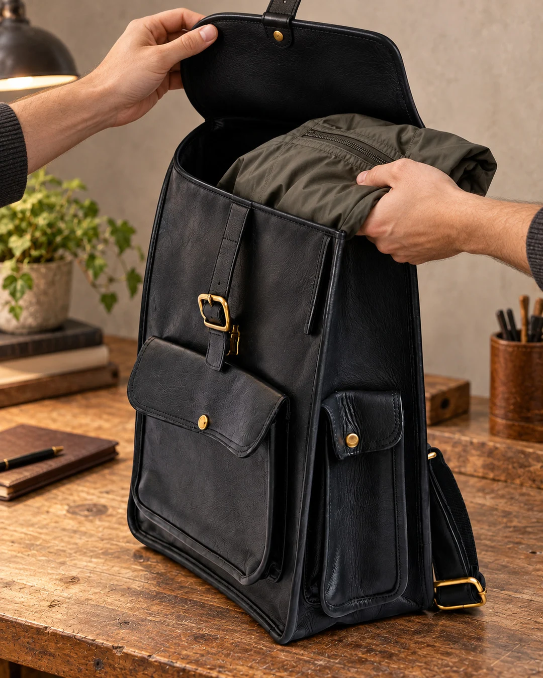 Buckle-Flap Leather Backpack - gallery image 1