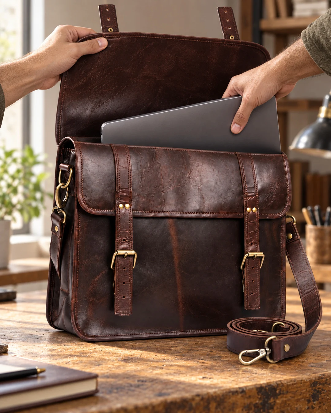 Double-Buckle Leather Briefcase - gallery image 1