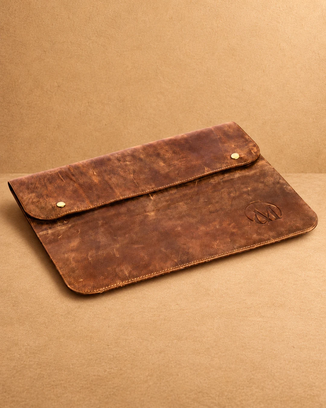 Snap-Closure Leather Laptop Sleeve - front view